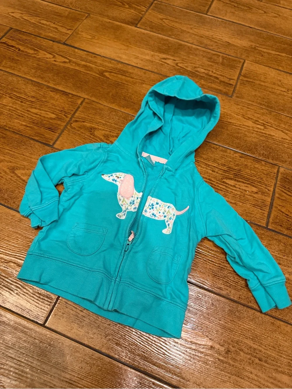 Kids Teal Hooded Zip-Up Sweatshirt with Dachshund Applique Carters brand 9 mo